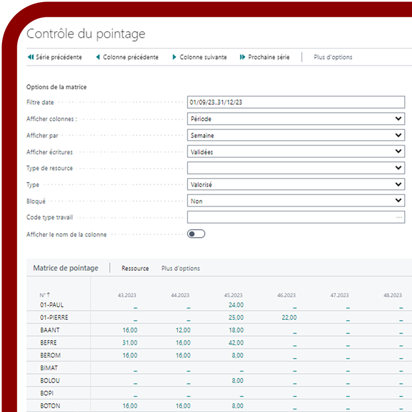 écran de la vue Suivi de main d'oeuvre du logiciel BTP Naviwest